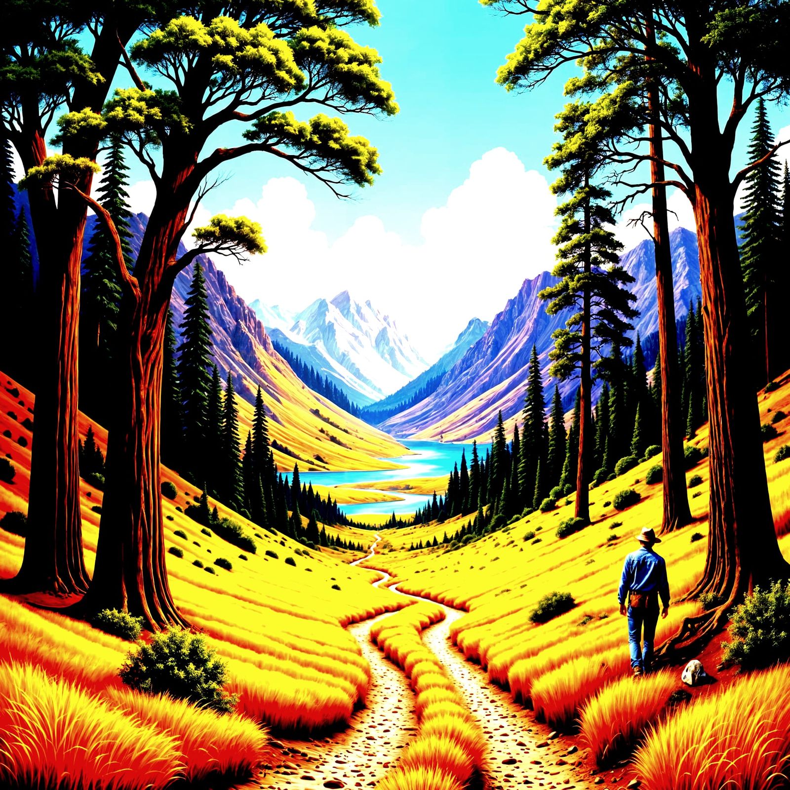 Expressionist Redwood Forest Landscape with Purple Mountains