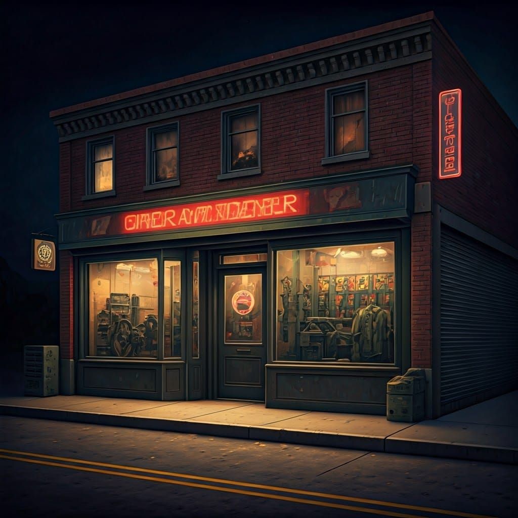 Nostalgic Main Street Storefront with Neon Signage and Indus...