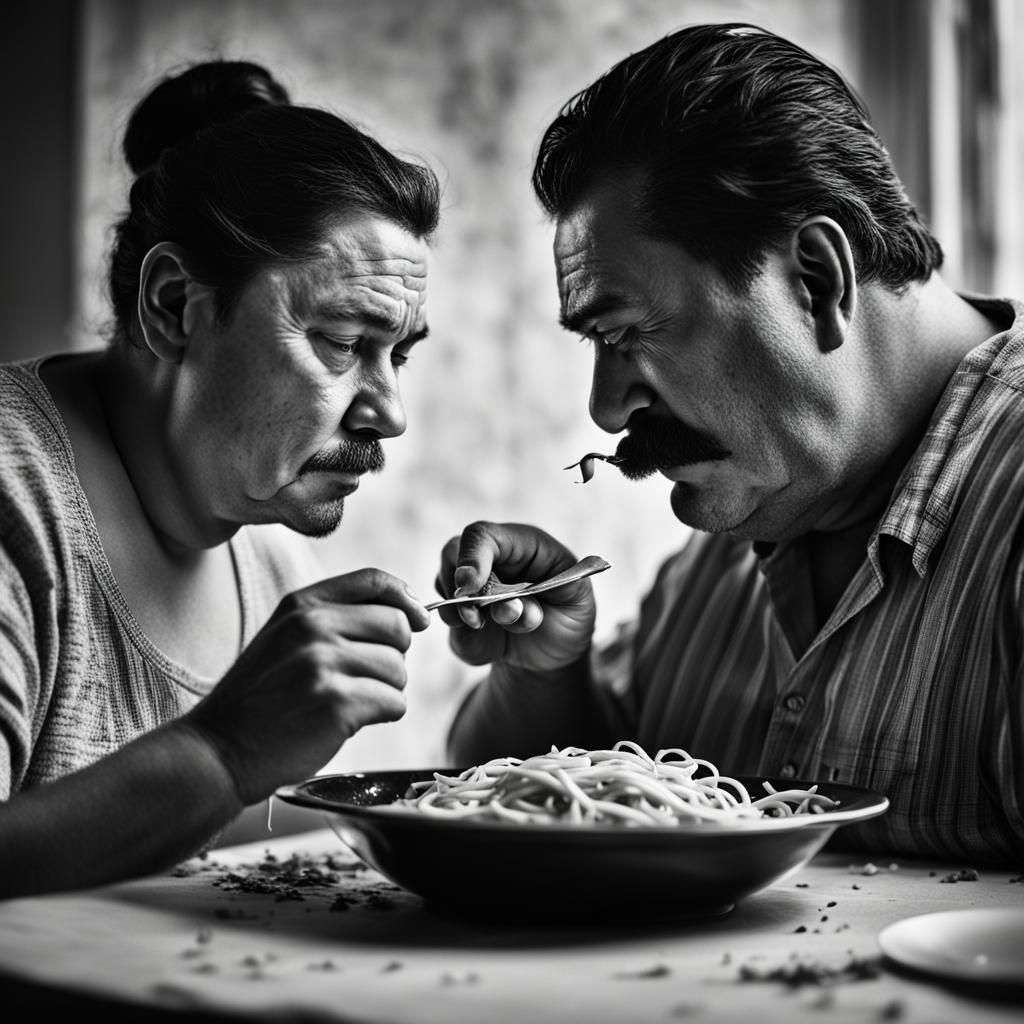 Film Noir Portrait of Man Eating Pasta