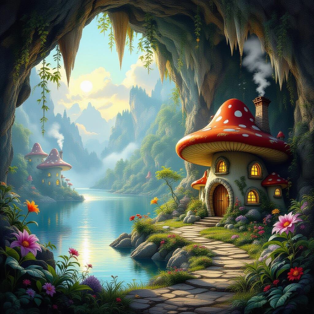 Приказен свят, пещерен с  растения и странни цветя, в далечи...