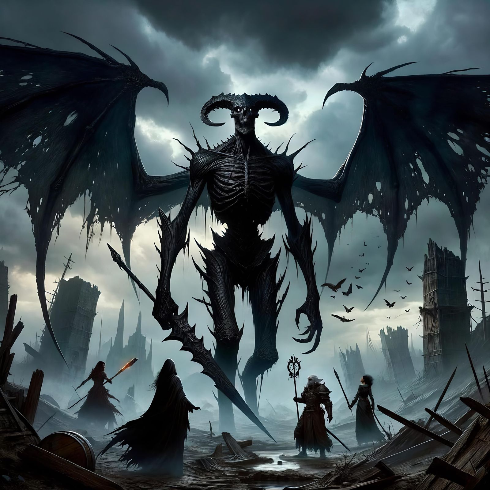 Menacing Sorrowsworn Demon on Desolate Battlefield