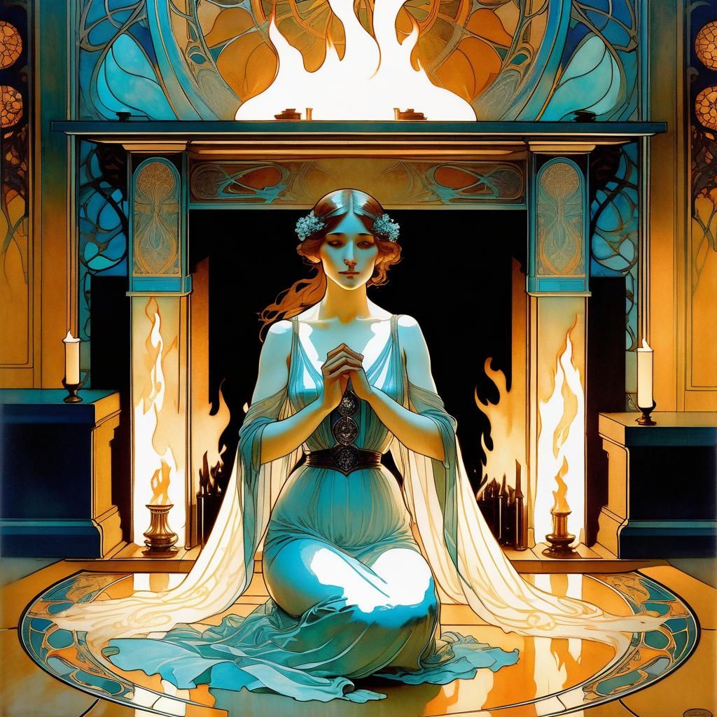 Ethereal Ghosts in Art Nouveau Fireplace Scene