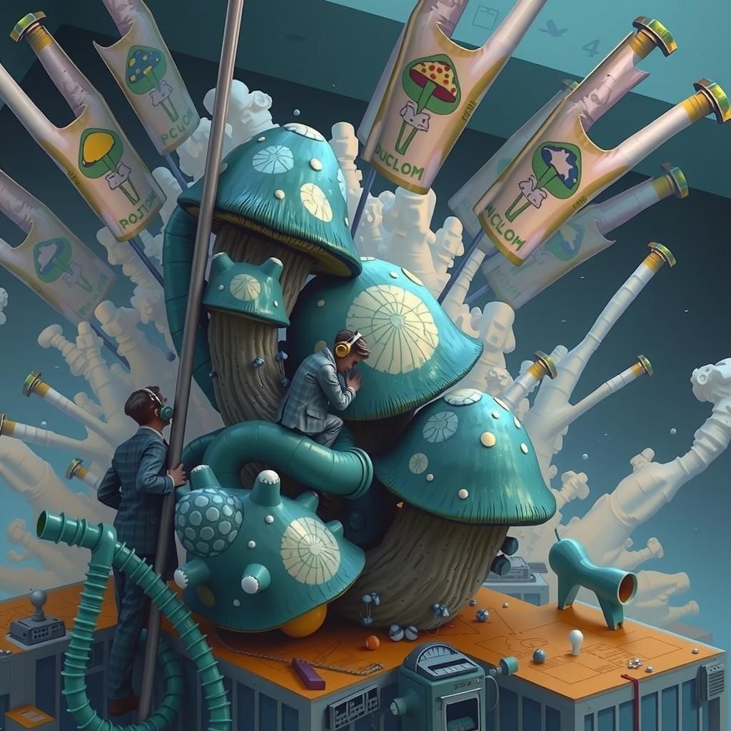 Whimsical Mushroom Bureaucracy in Linocut Style