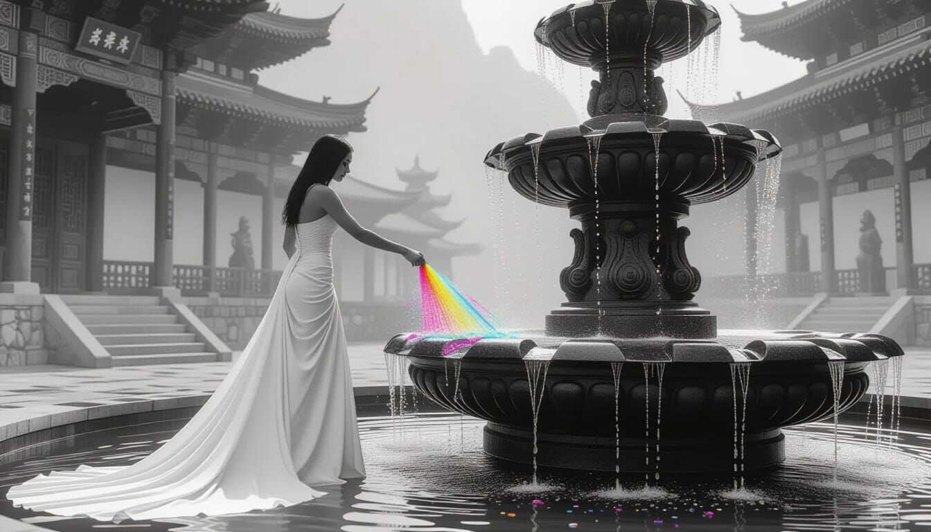 Woman Splashing Color in Retro-Futuristic Fountain