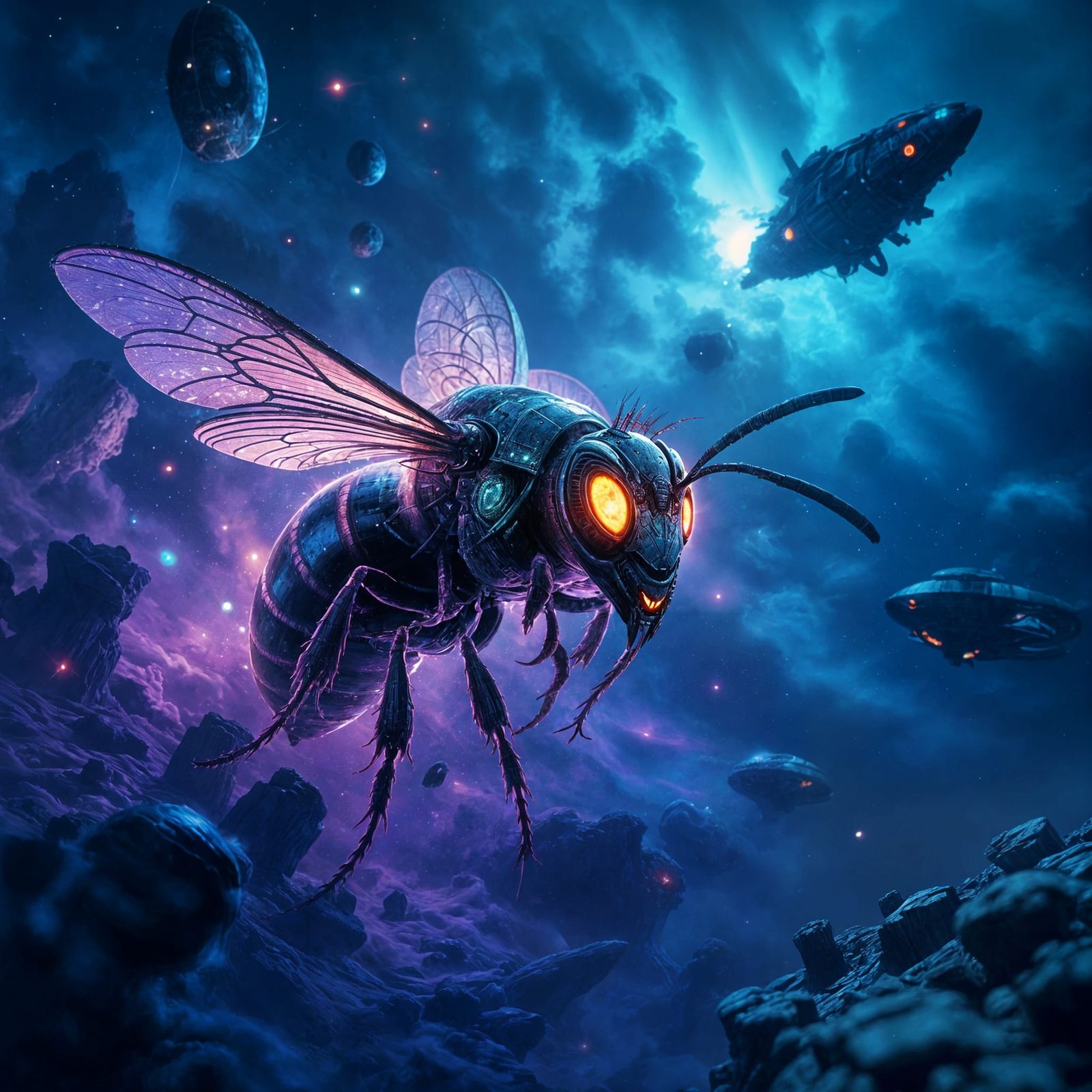 Psychedelic Wasp Emerges from Nebula in Dark Surrealism