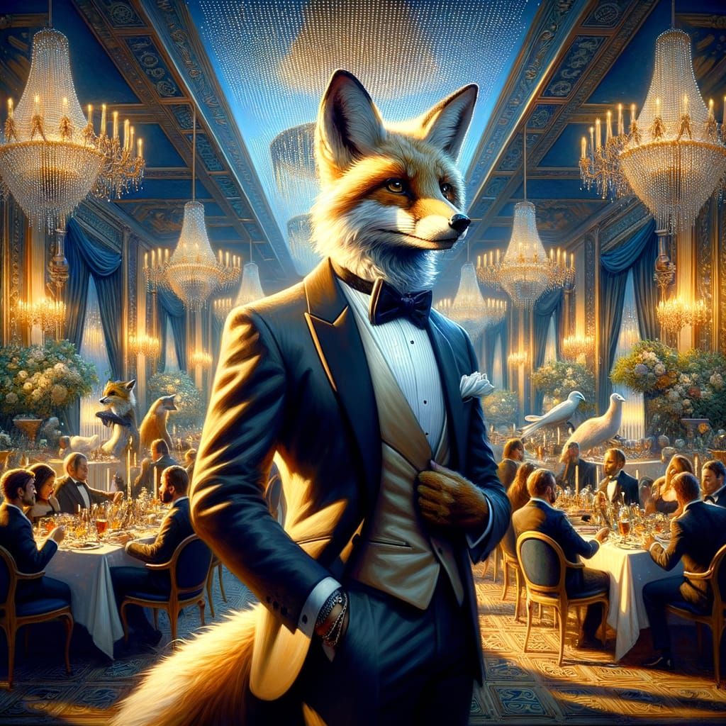Majestic Fox in Tuxedo at Elegant Dinner Party