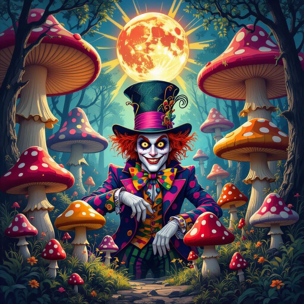Whimsical Forest with Mad Hatter and Giant Polka Dot Mushroo...