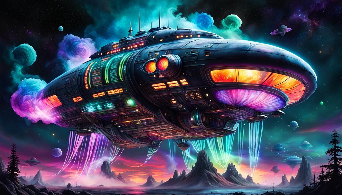 Spaceship Over Alien Planet in Bioluminescent Style