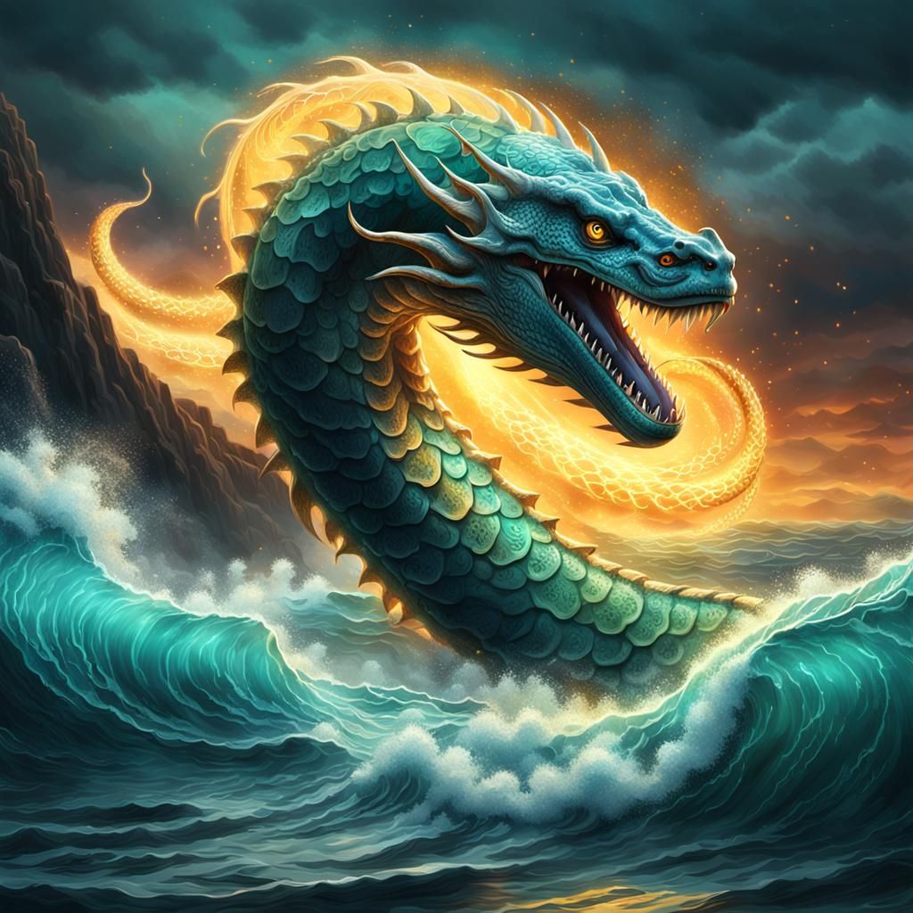 Majestic Sea Serpent Emerges, Bioluminescent Scales