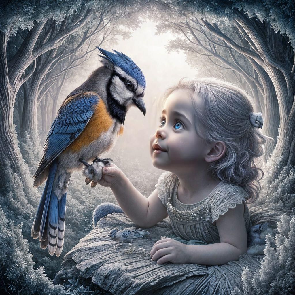 Girl and Bluejay in Enchanting Forest