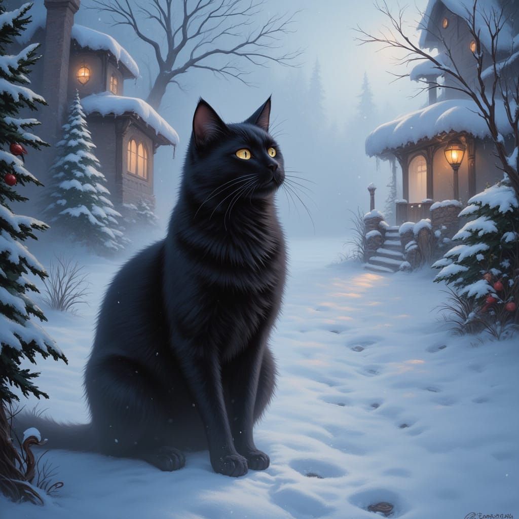 Black cat, winter scene, ethereal fantasy hyperdetailed mist...