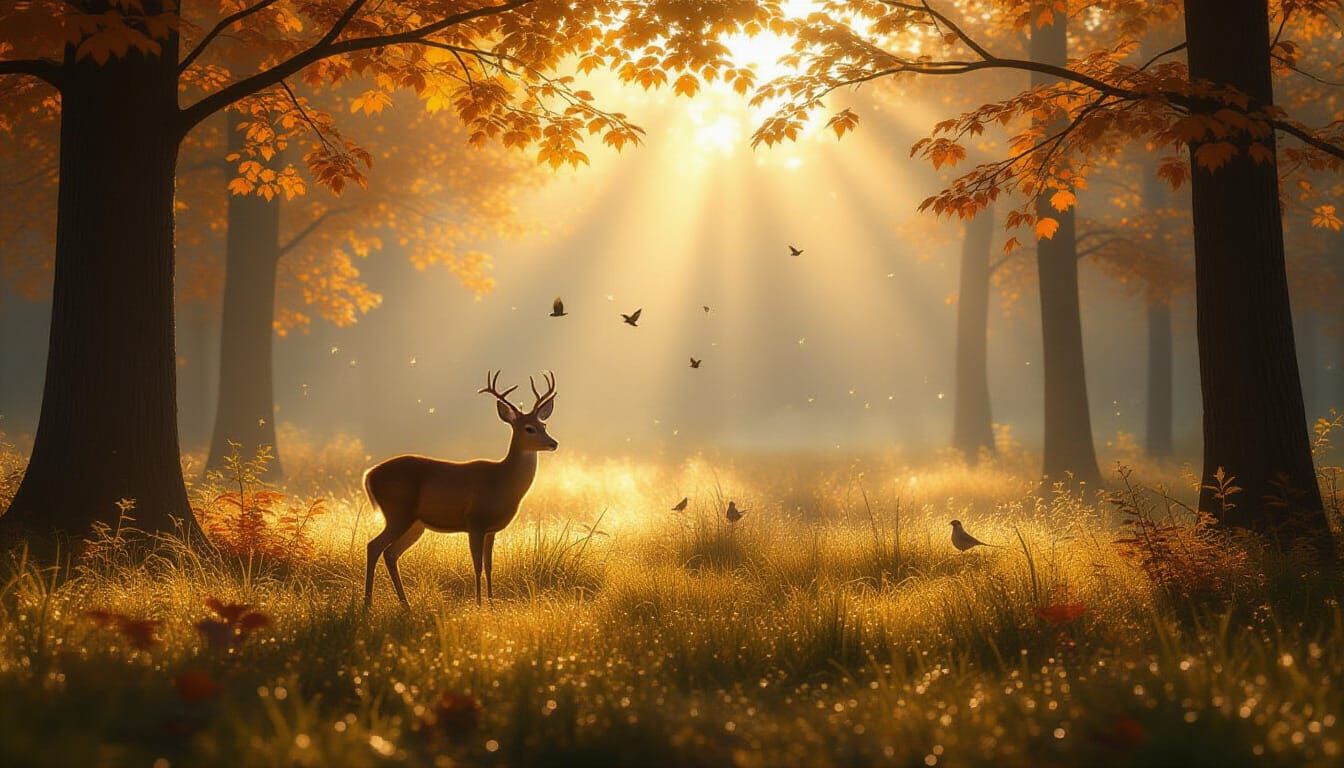 Misty Autumn Forest Glade with Roe Deer and Birds
