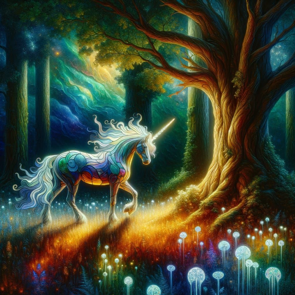 Stained Glass Unicorn Grazing in Magical Forest