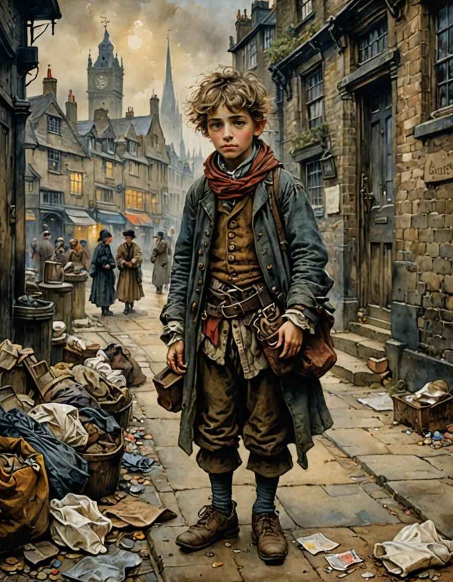 Sad Beggar Child in 1800s London Watercolour