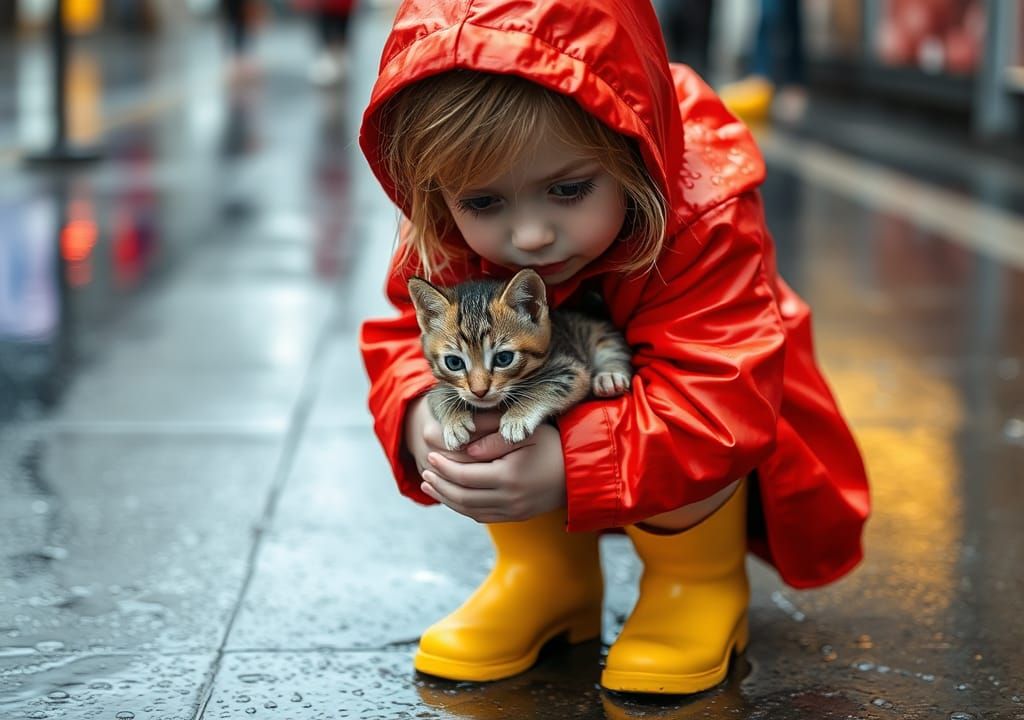 Girl in Red Coat Protects Kitten from Rain