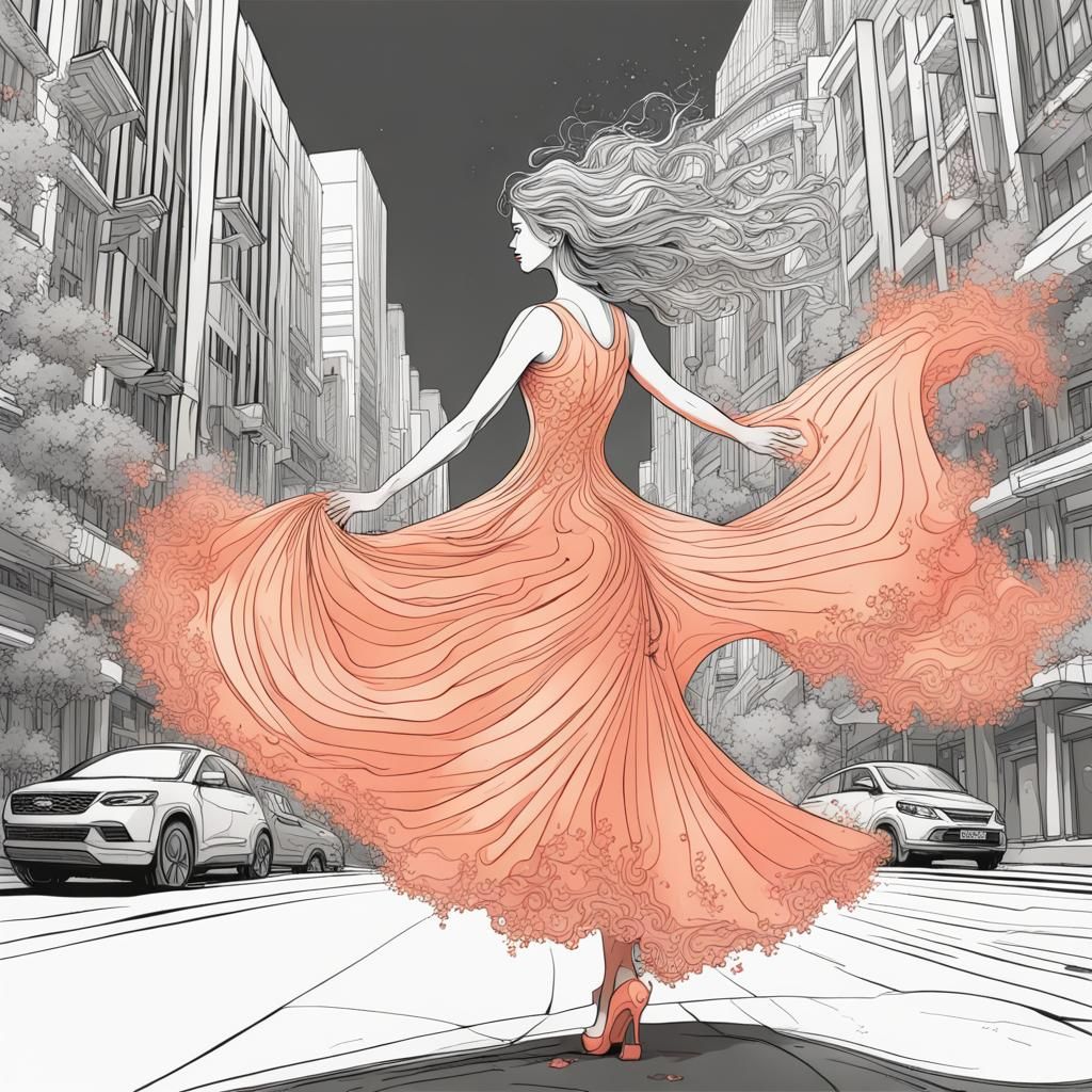 Line Art Drawing: Girl Twirling in Cityscape