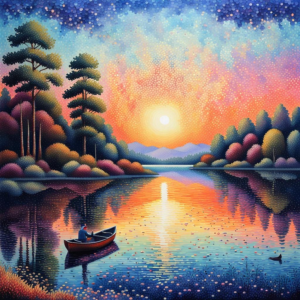 Sunset Lake in Pointillism Style
