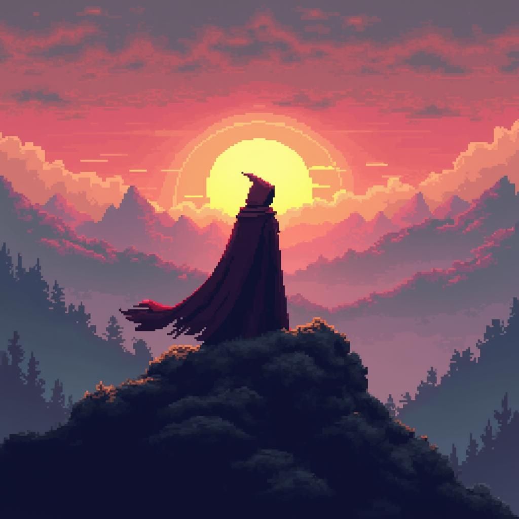 Hooded Wizard at Sunset in 8-bit Pixel Art