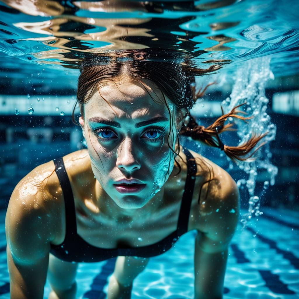 Sad Girl in Underwater Techno Dance, Hyperrealistic