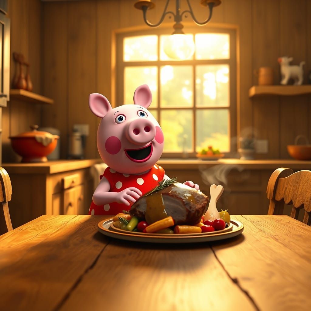 Whimsical Peppa Pig Eats Roasted Pork in Enchanted Kitchen