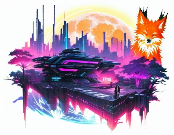 Cyberpunk Anime Foxes Under a Blue Moon