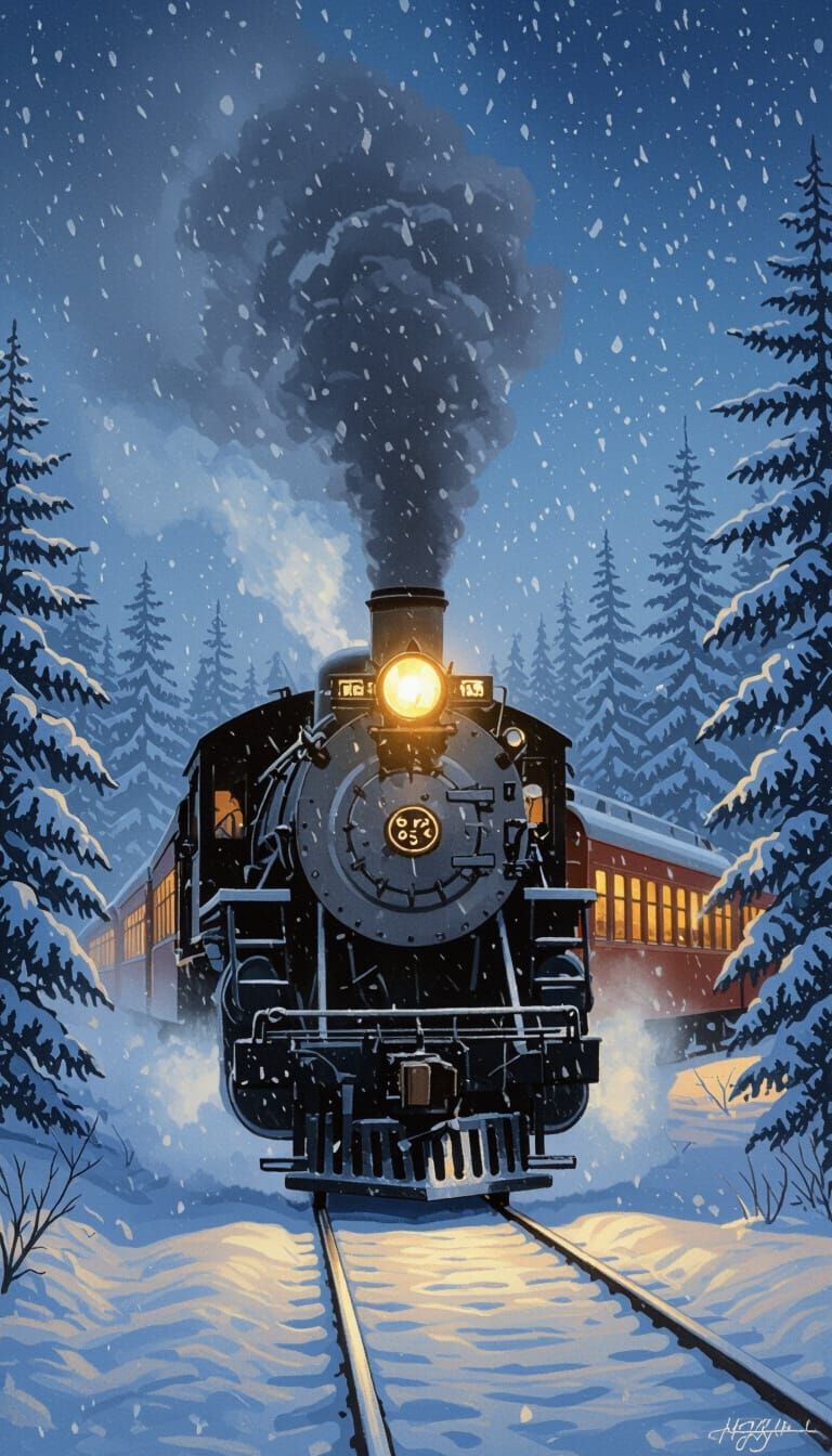 Vintage Steam Train in Snowy Blizzard at Night