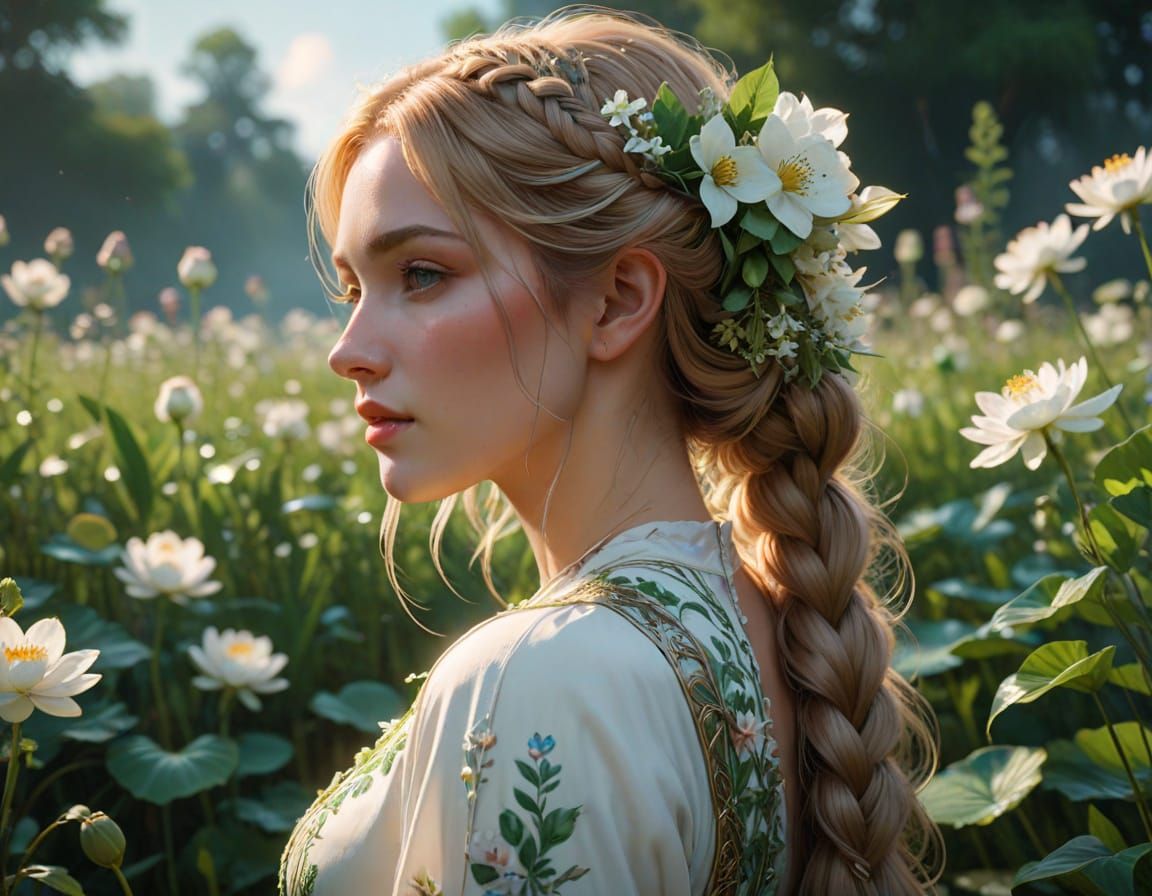 Hyper-Realistic Portrait of a Young Woman in a Field of Flow...
