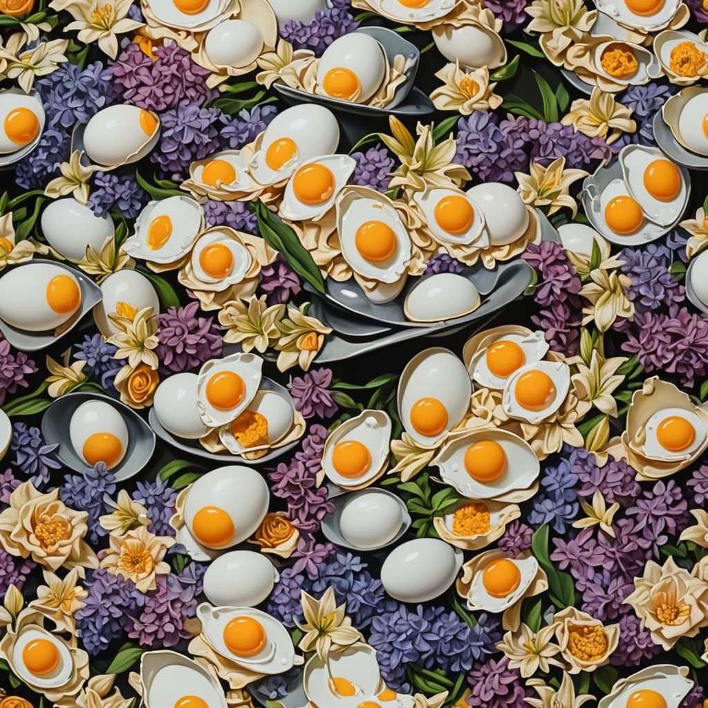 Surreal Fried Eggs in Hats with Flowers, Dali Style