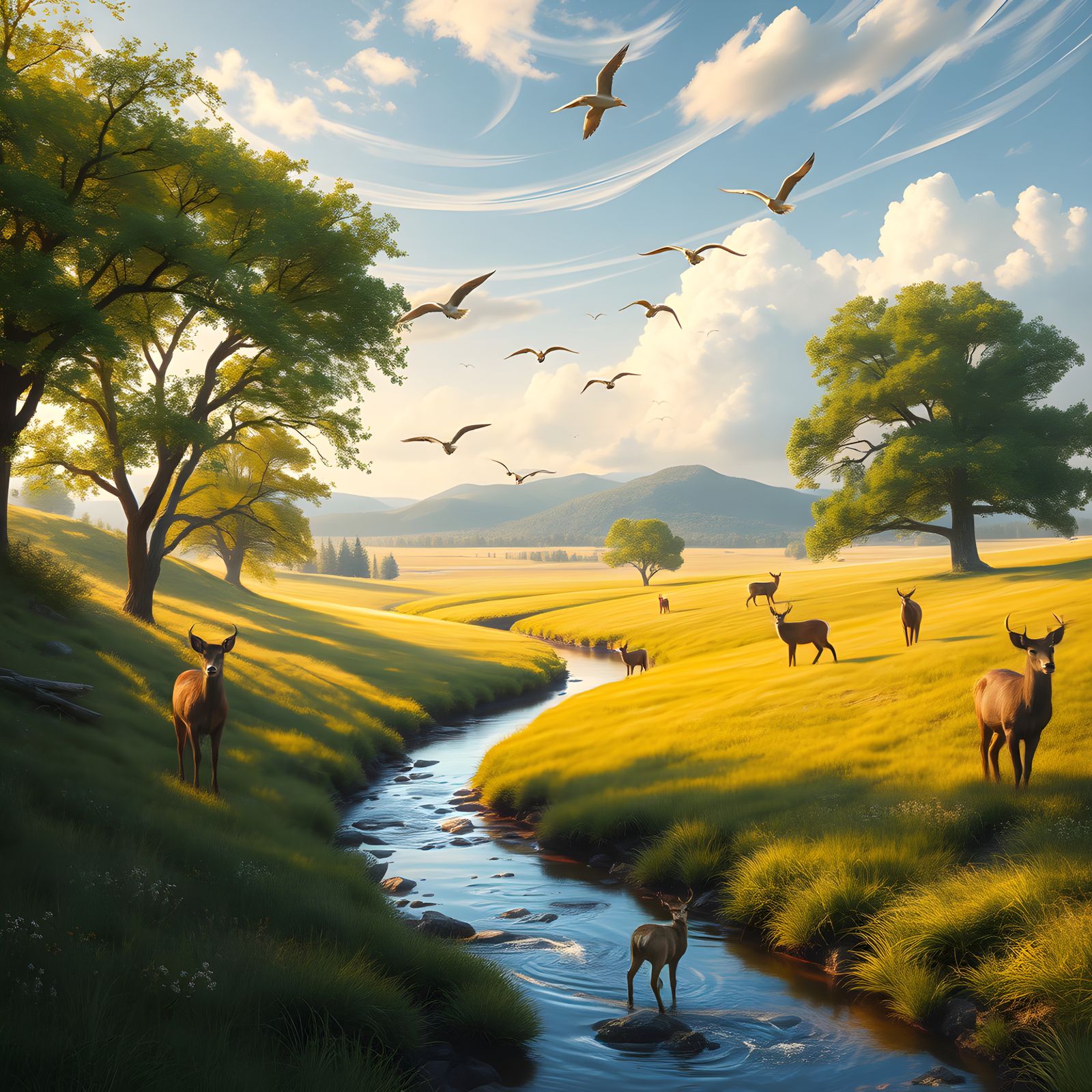 Idyllic Pastoral Landscape with Stream