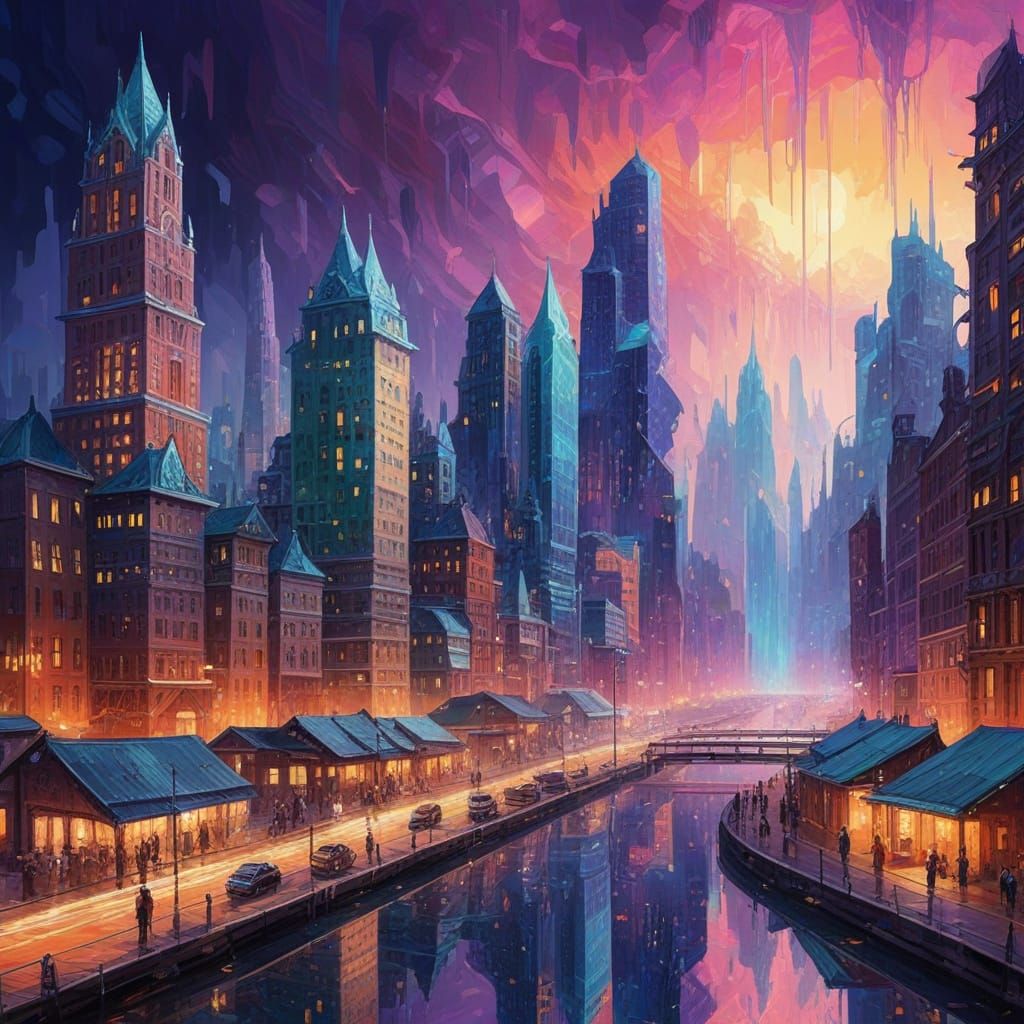 Vibrant Abstract Crystal Cityscape in Neo-Impressionist Styl...