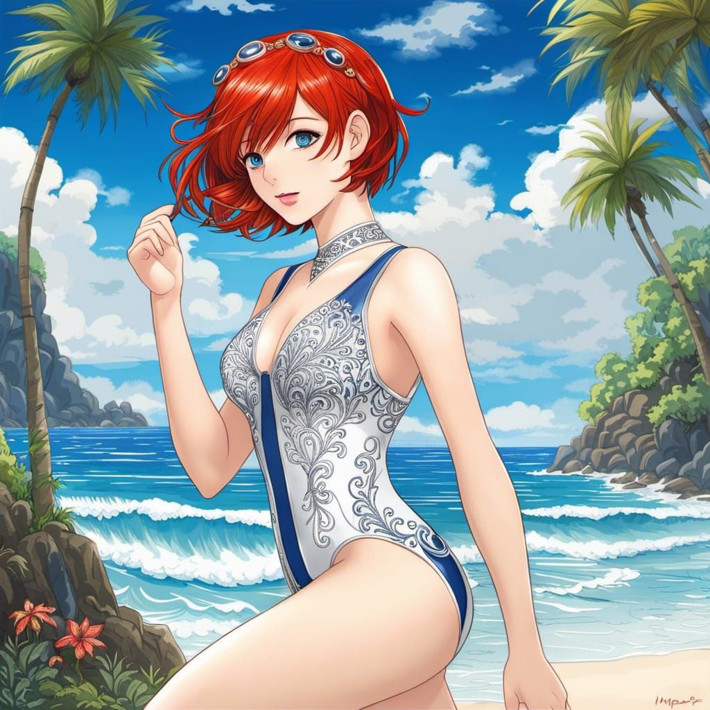 Anime Woman with Red Hair on Beach