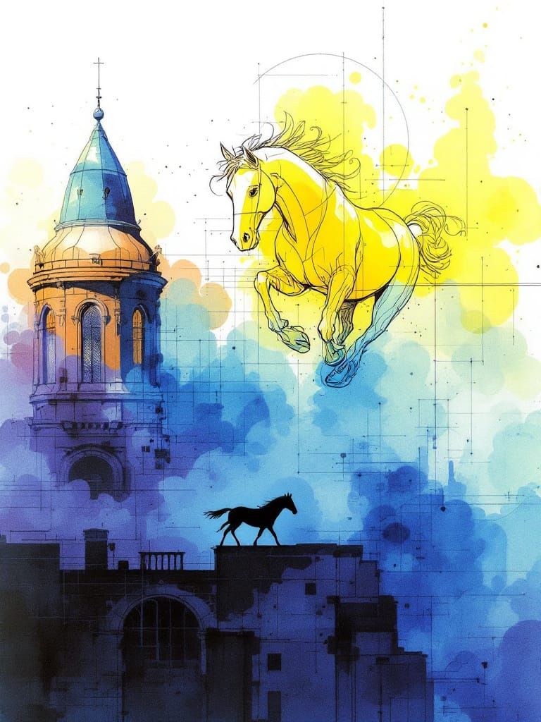 Horse Galloping with Blueprint & Ink Wash Style