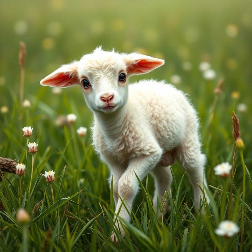 Frightened Lamb in Meadow: Impressionist Style