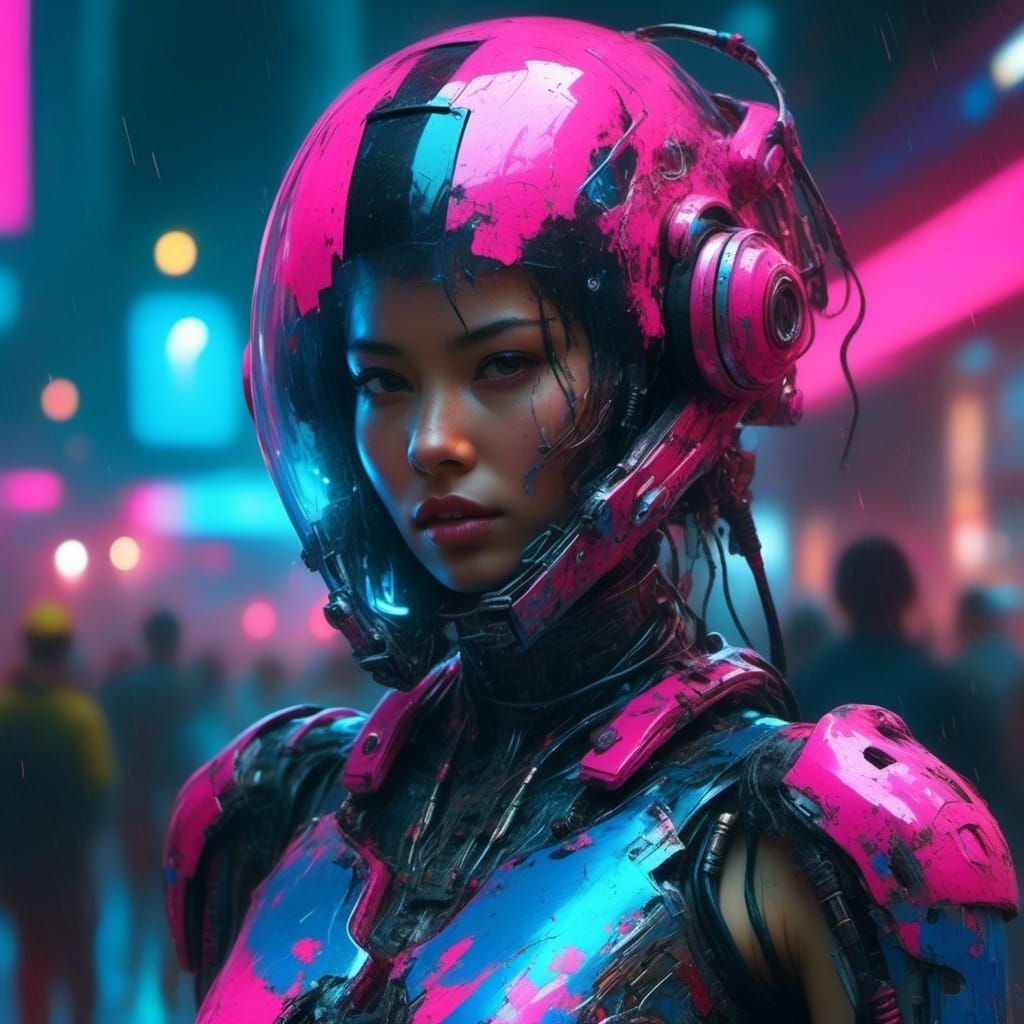Cyborg Woman with Neon Helmet in Sci-Fi Style