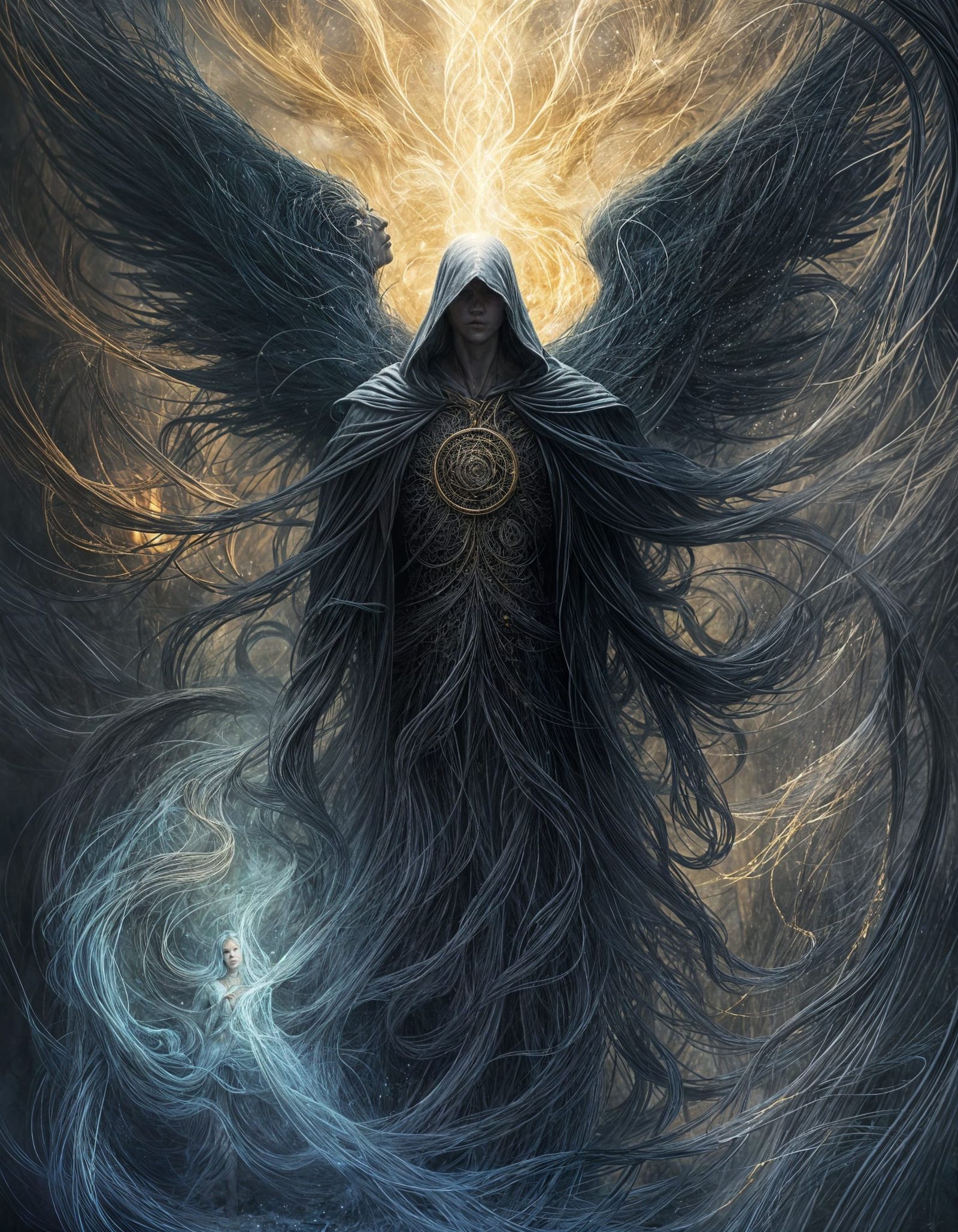 Concept art of the Angel of Death portrayed as a mysterious Time Weaver. Obscured glowing face partially visible amidst ...