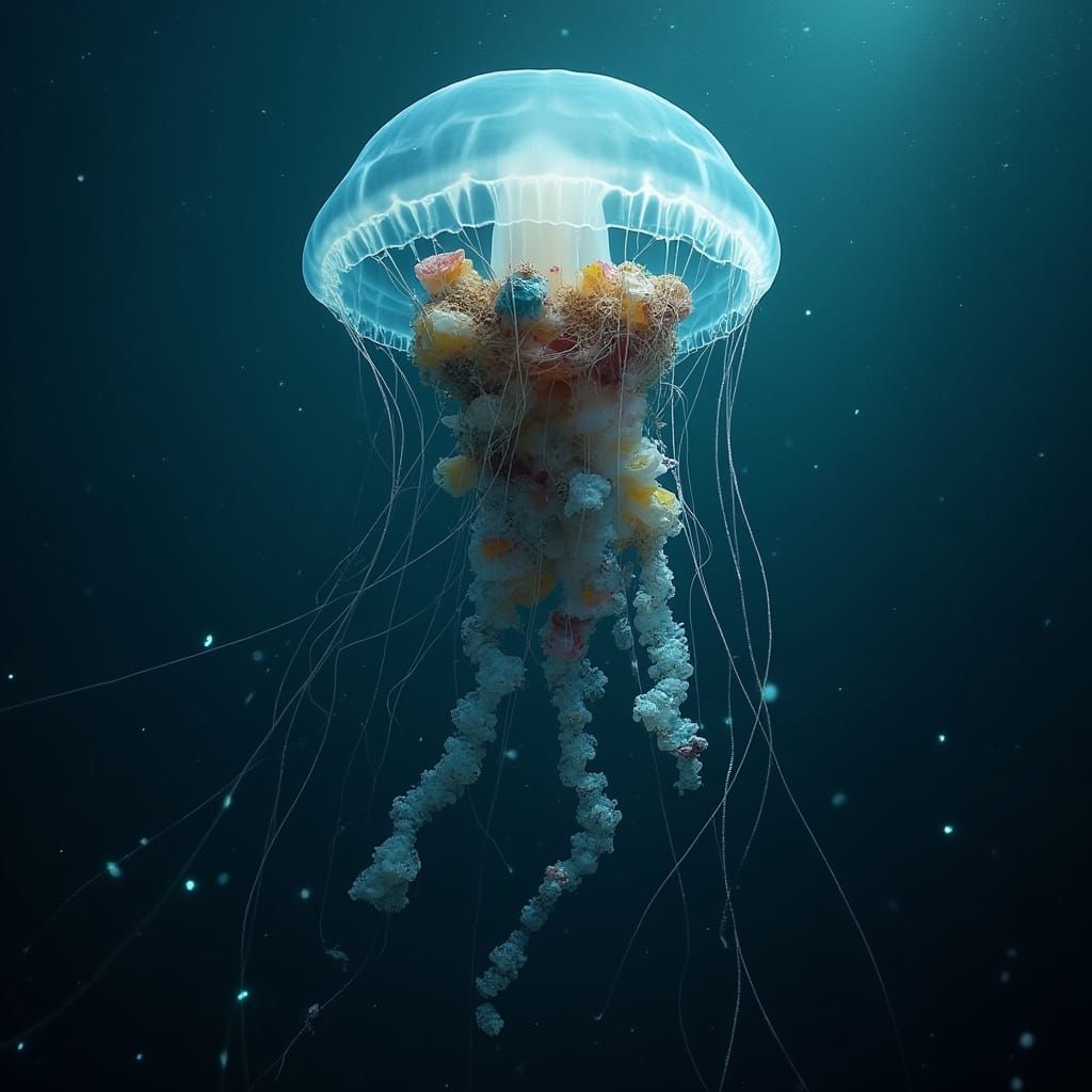 Gigantic Translucent Jellyfish in Polluted Ocean Depths