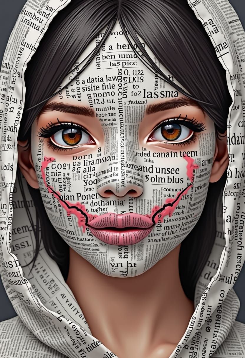 Cubist Woman with Newspaper Eyes and Ticker Tape Mouth