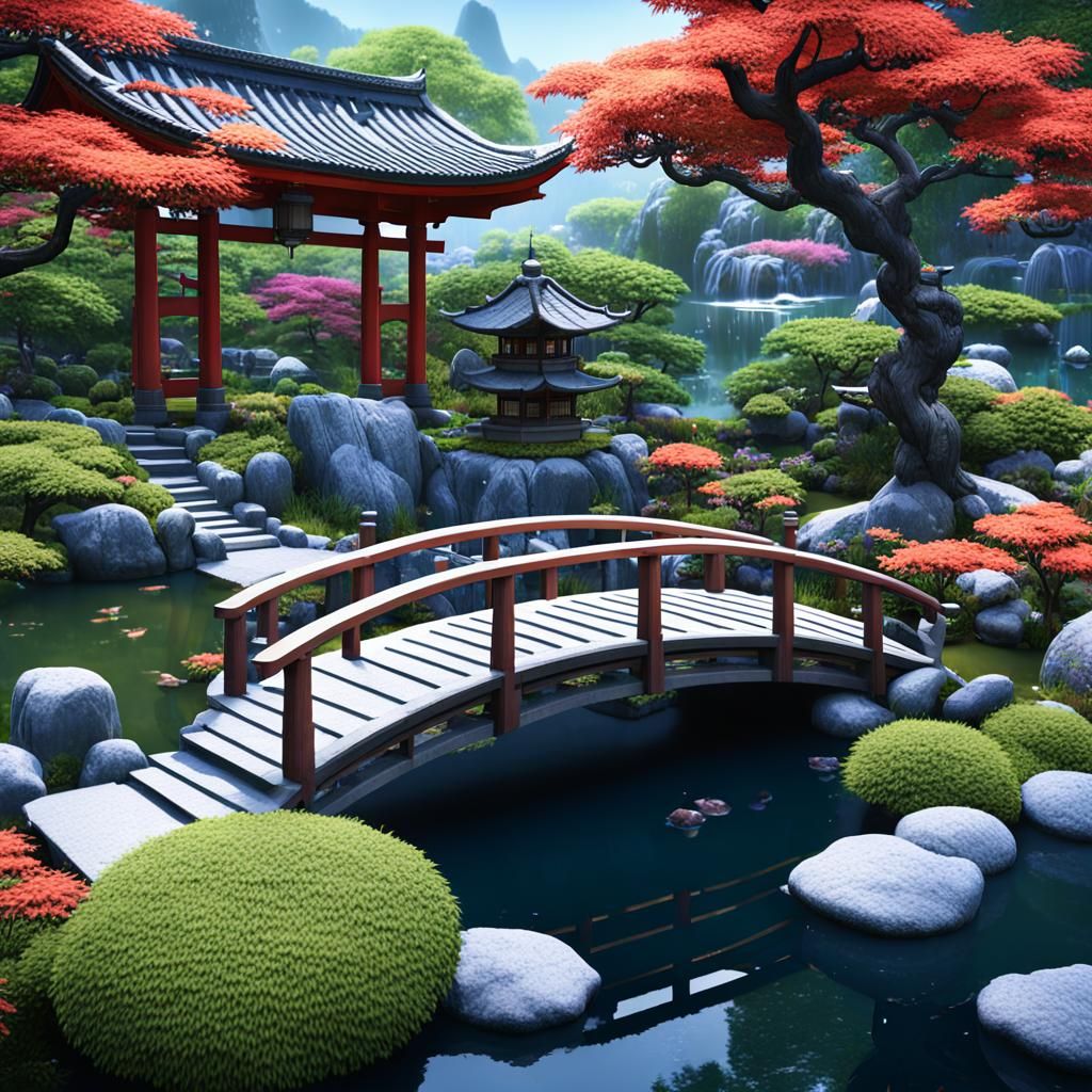 Japanese Garden with Lanterns and Waterfall