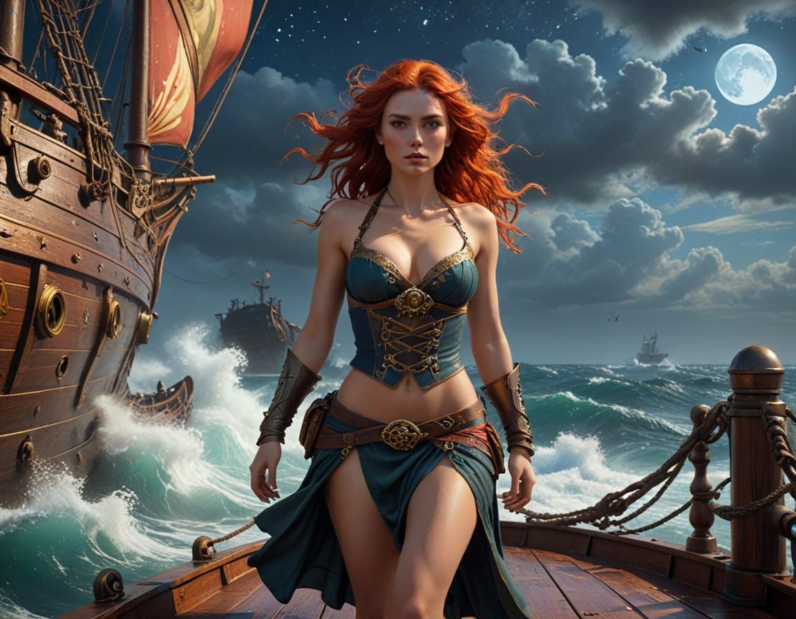 Irish Pirate Maiden Under Lunar Seascape