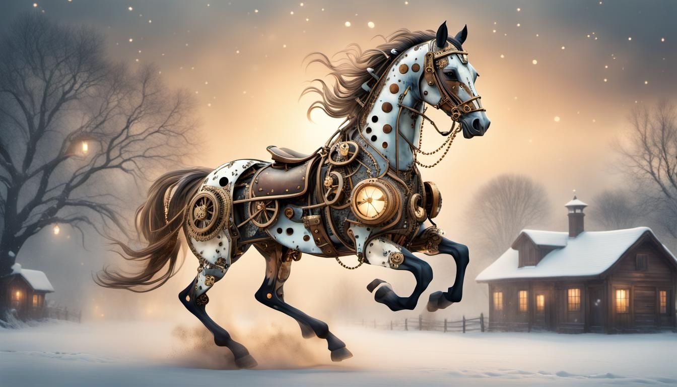 Mechanized Steampunk Appaloosa Horse Galloping in Winter