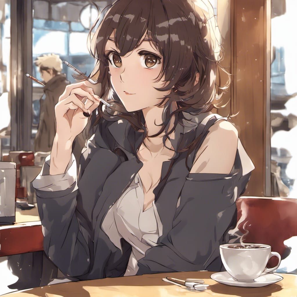 Anime Style Brunette Smoking in Coffee Shop