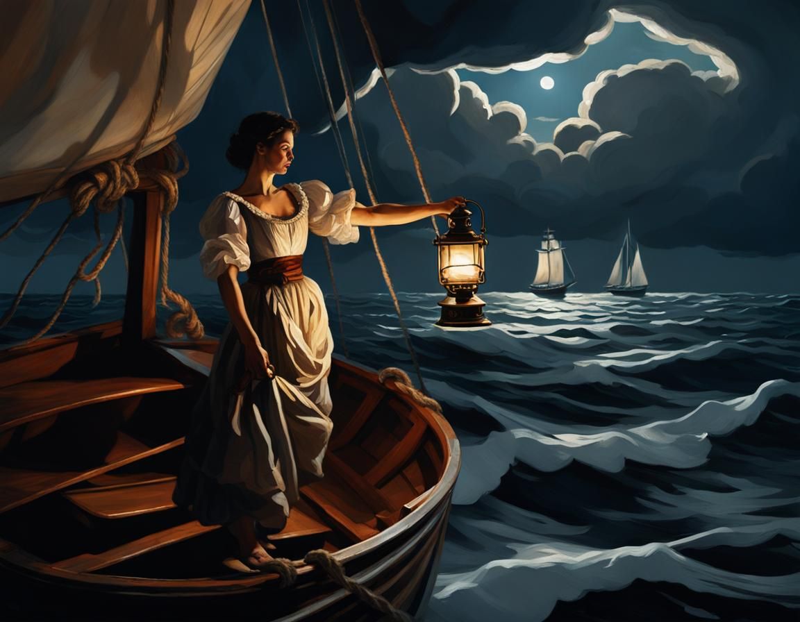 Woman with Lantern on Sailboat in Romantic Style