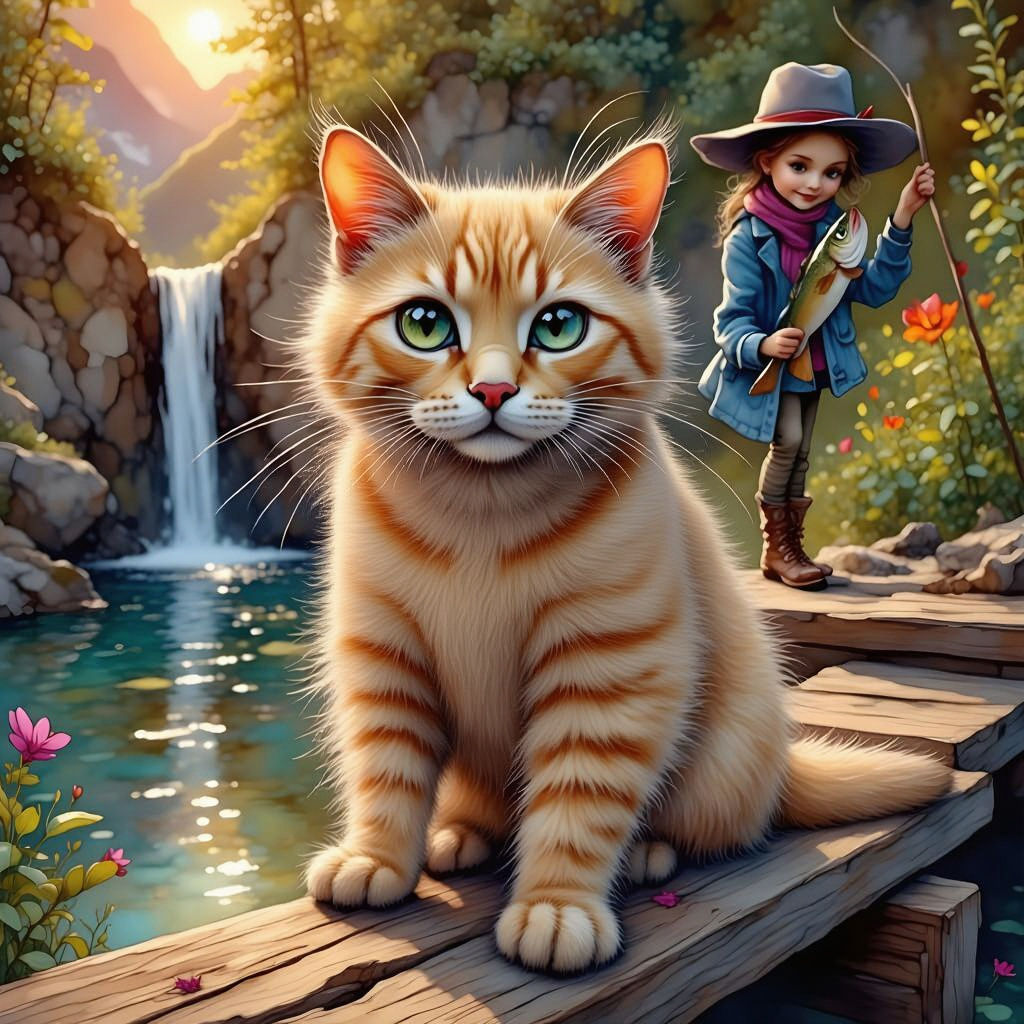 Cute Burmese Cat Overlooking Fish Catch, Ink Art