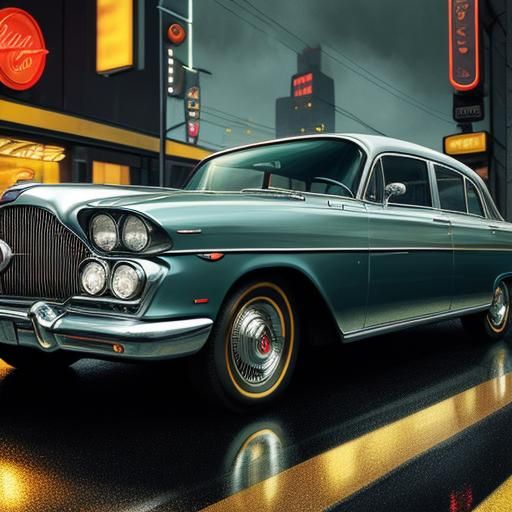 1960s Silver Sedan on Rain-Soaked Highway