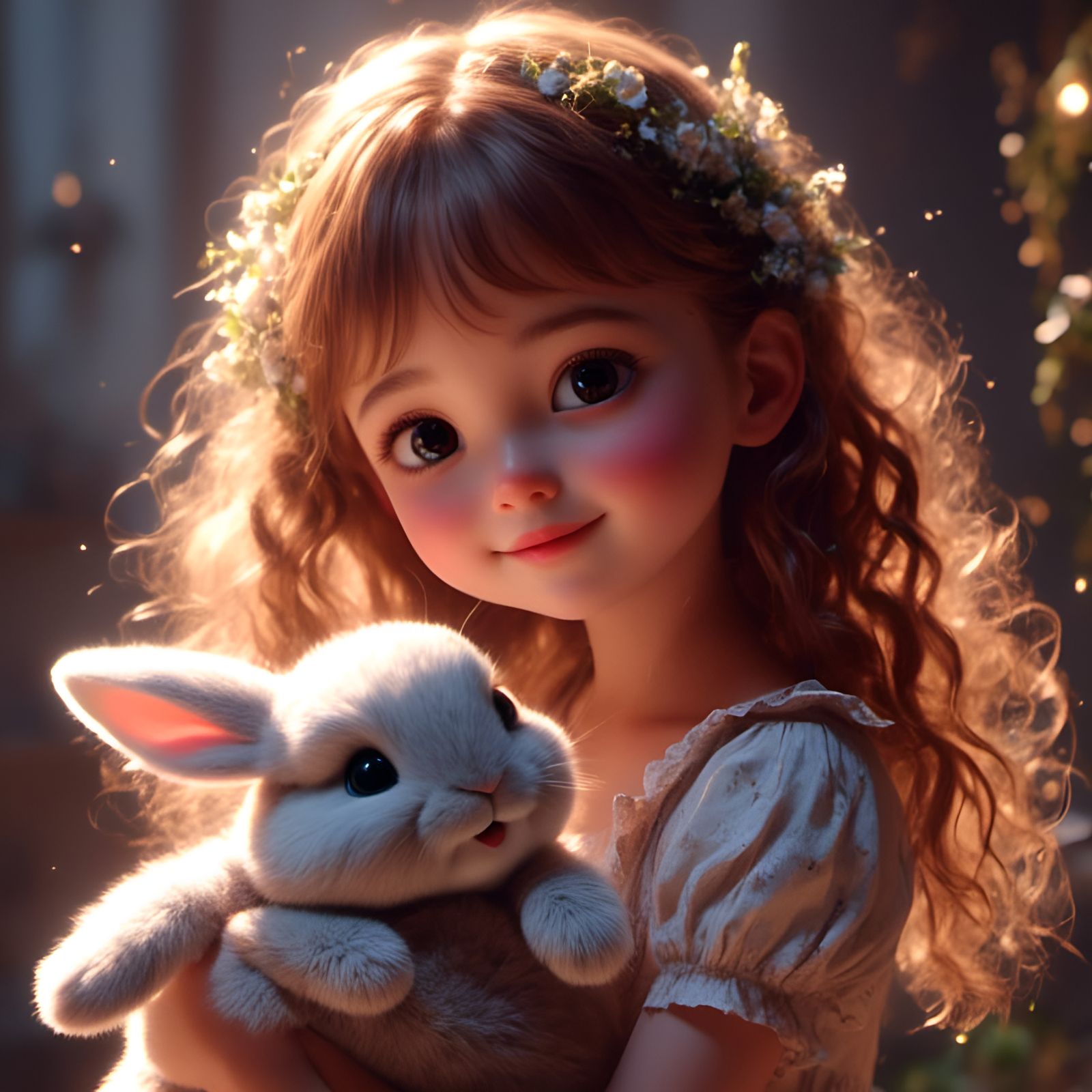 Girl with Bunny Portrait in Detailed Sunny Room