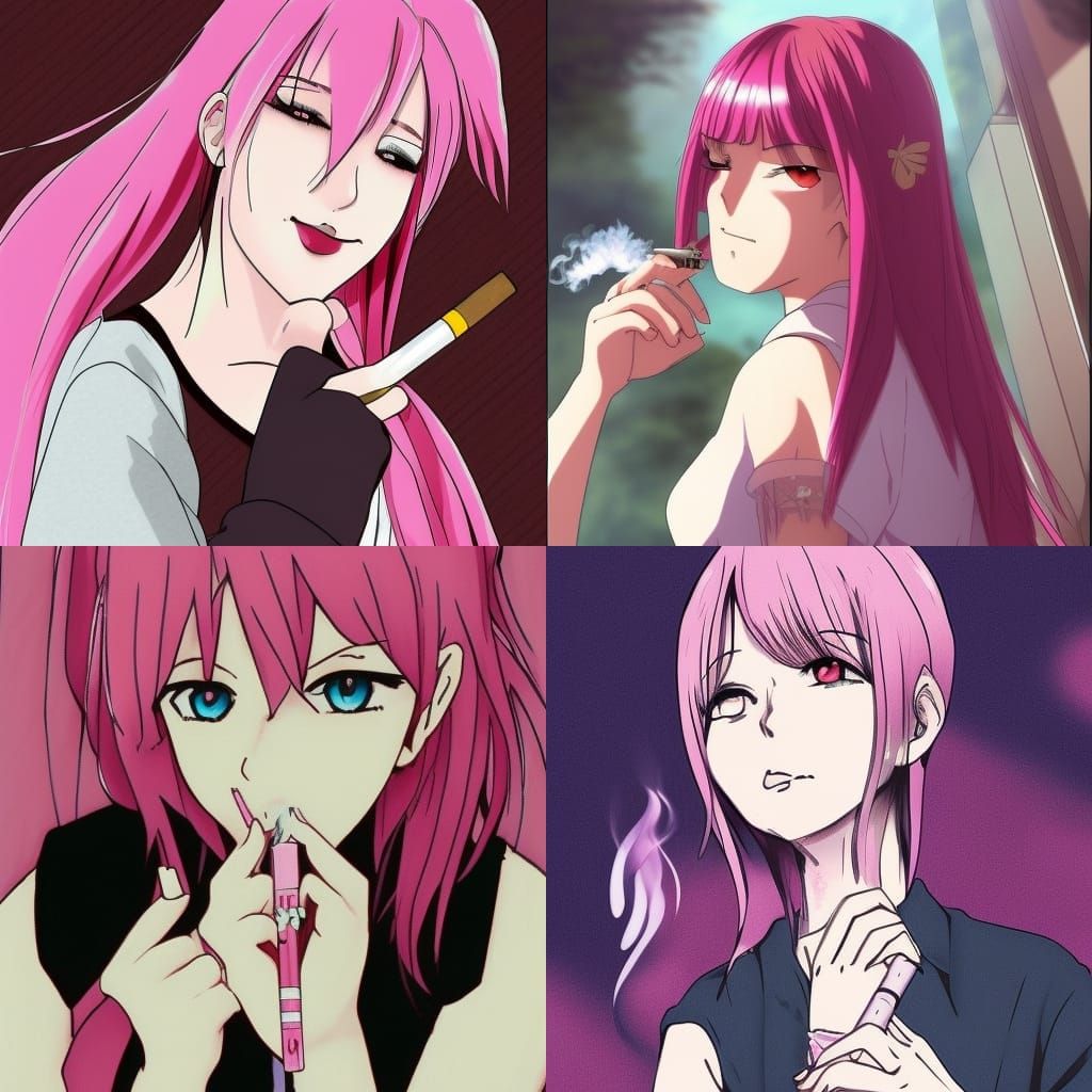 Anime Girl with Pink Hair Smoking: Manga Style