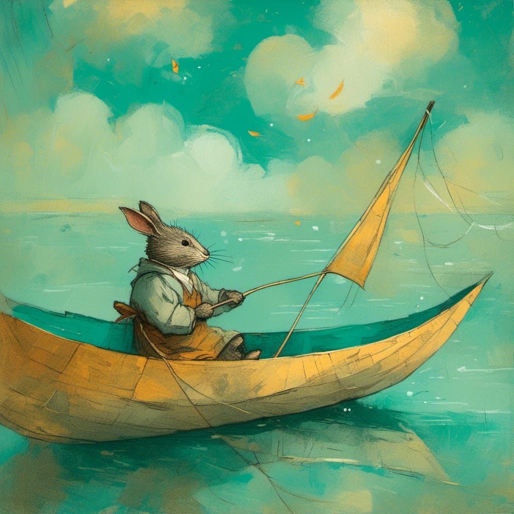 Mouse on Paper Boat, Whimsical Illustration