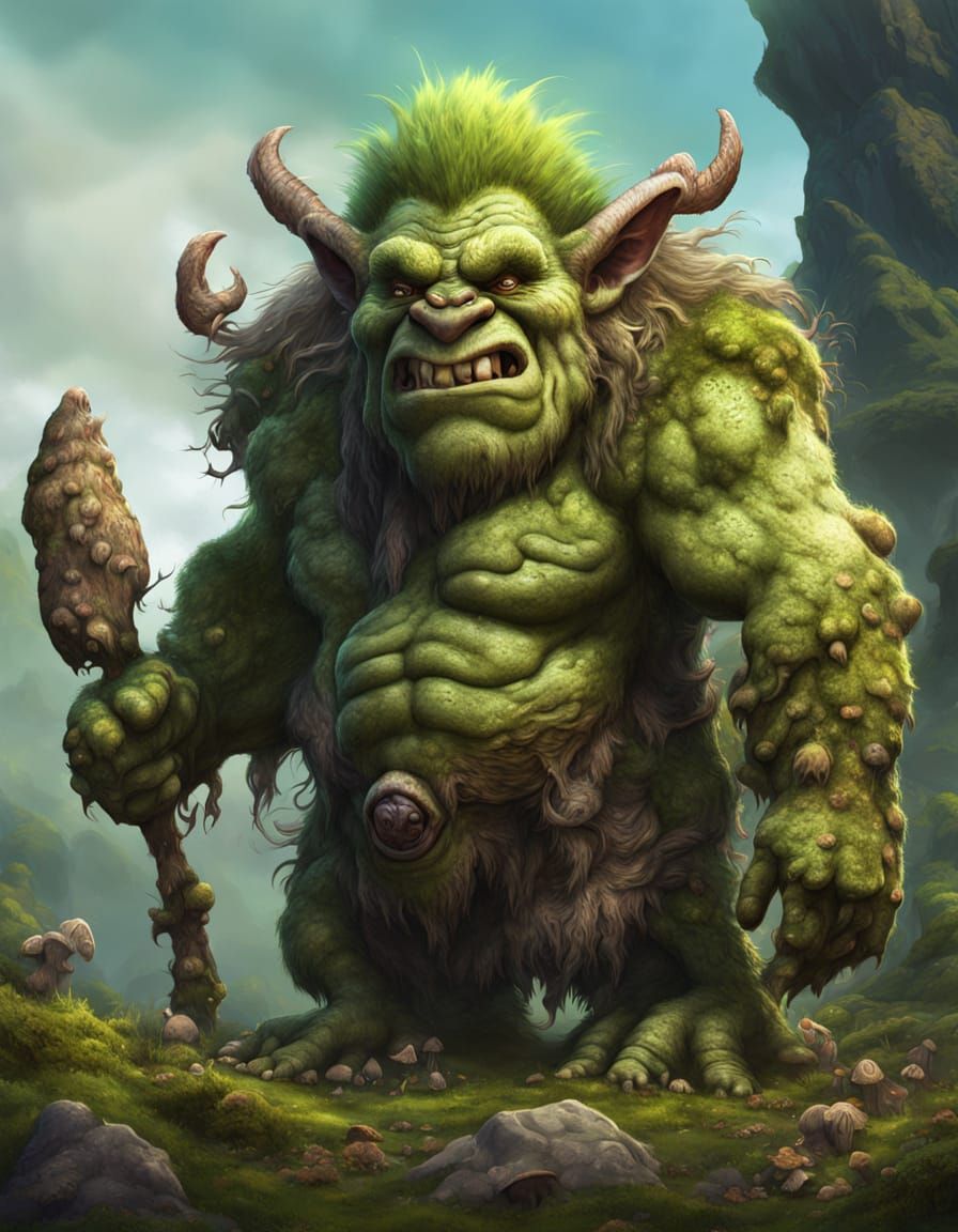 Cartoon Hill Troll with Warts and Wild Hair