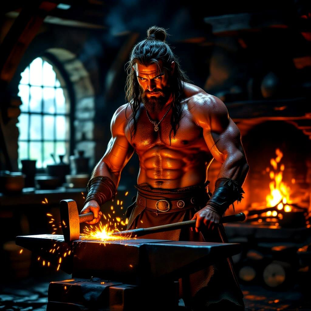 Medieval Blacksmith at Forge in Hyperdetailed Style
