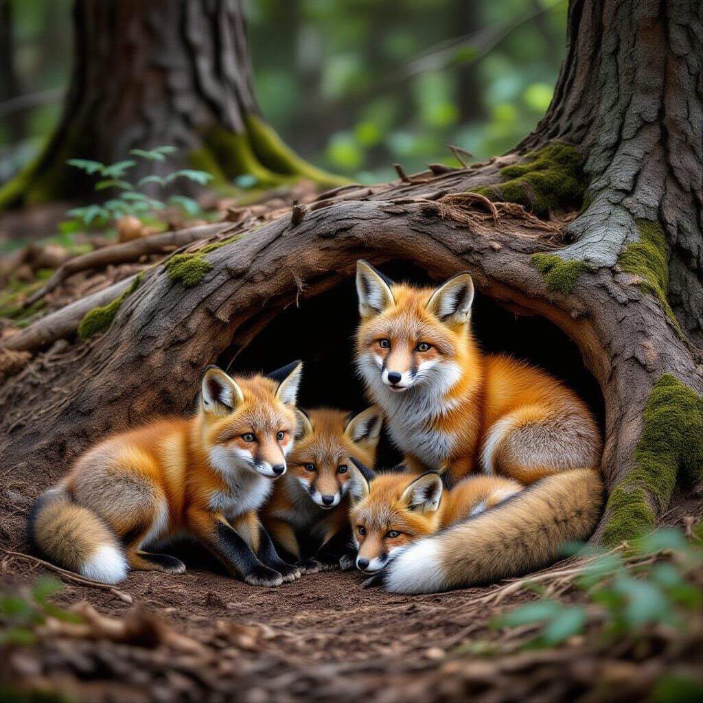 Fox Family Scene in Forest Den